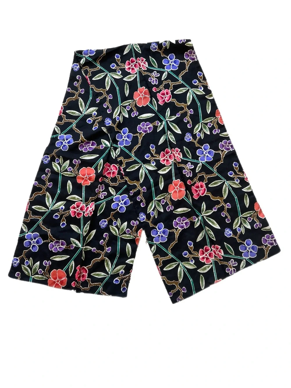VTG Japanese Batik Floral Silk Long Scarf Black Cherry Blossom Vine Long 60